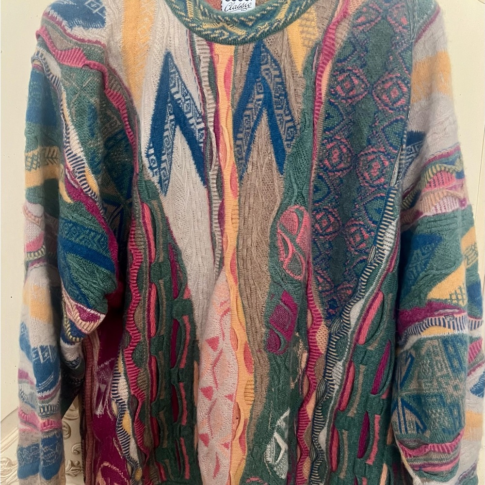 COOGI 100% Cashmere Vintage Multicolor Geometric Crewneck Sweater